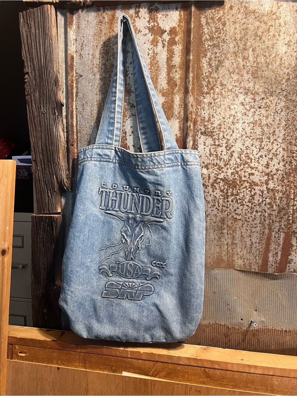 Vintage Country Thunder Embroidered Denim Tote Bag - Light Blue